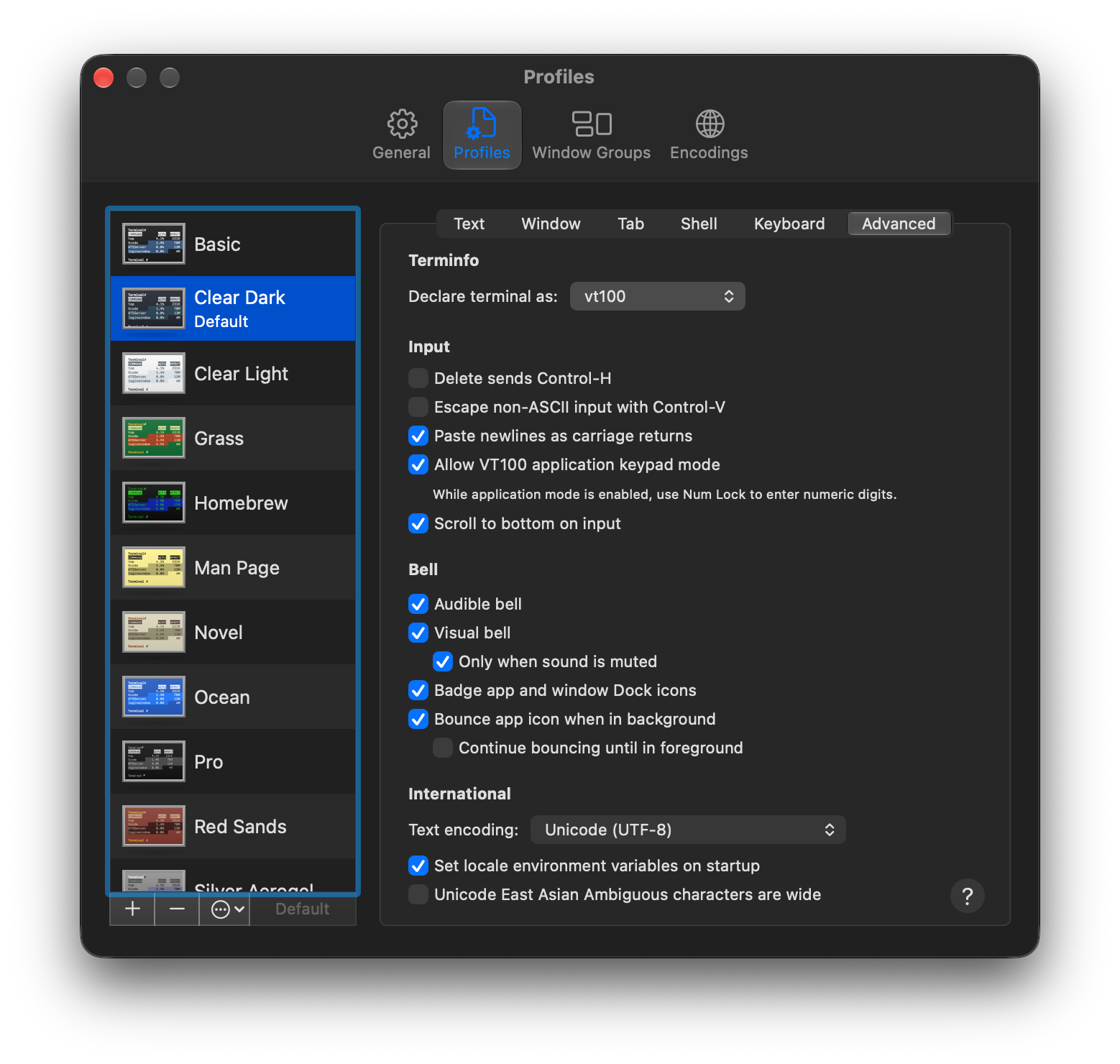 macOS Terminal settings, with “Declare terminal as: vt100” highlighted under Profiles → Advanced.